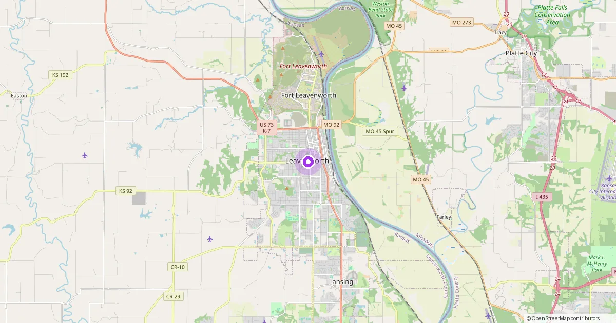 Map showing Leavenworth, KS in Leavenworth County — part of the 2k Web Developments service area.