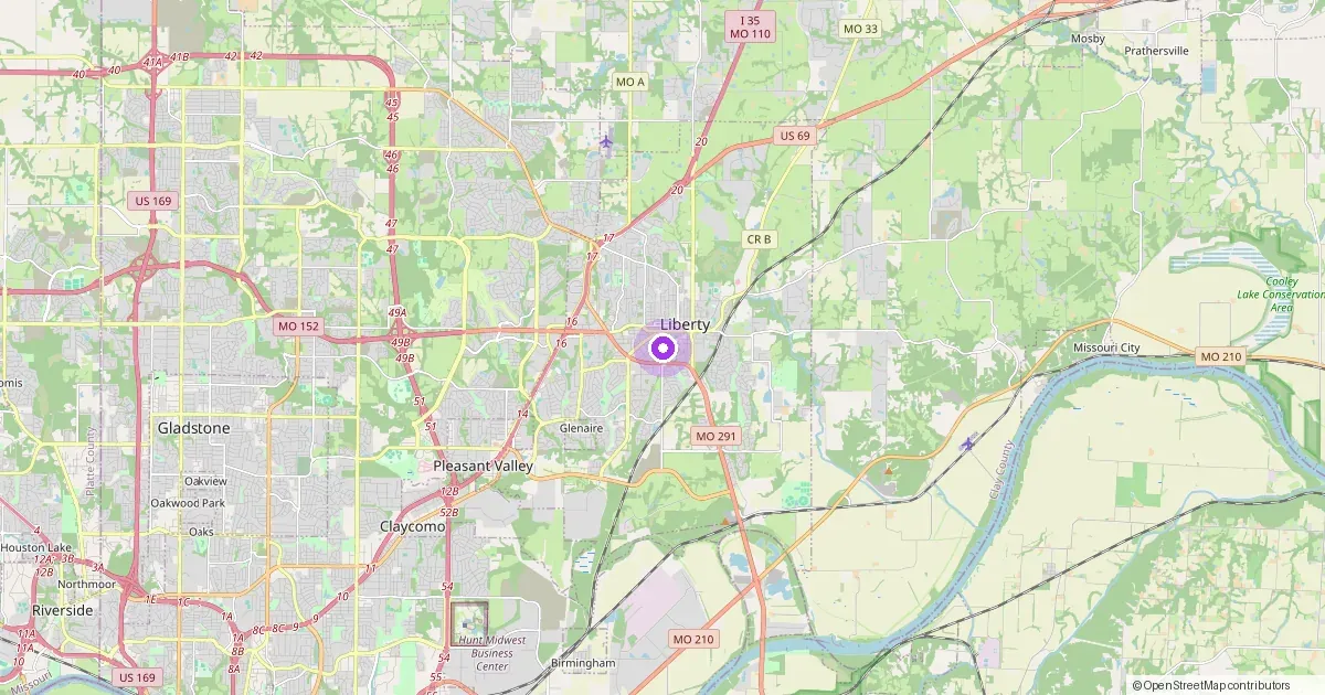 Map showing Liberty, MO in Clay County — part of the 2k Web Developments service area.
