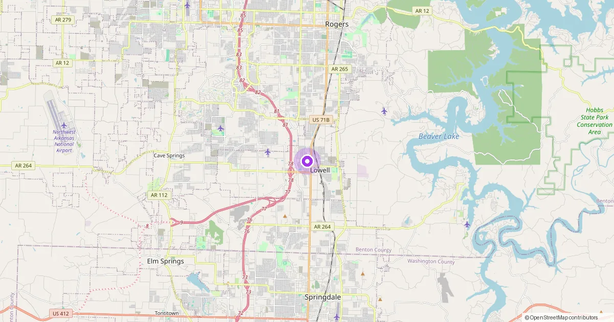 Map showing Lowell, AR in Benton County — part of the 2k Web Developments service area.