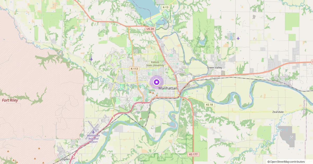 Map showing Manhattan, KS in Riley County — part of the 2k Web Developments service area.