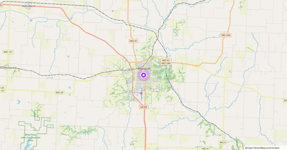 Map showing Marshall, MO in Saline County — part of the 2k Web Developments service area.