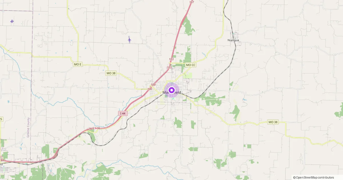 Map showing Marshfield, MO in Webster County — part of the 2k Web Developments service area.