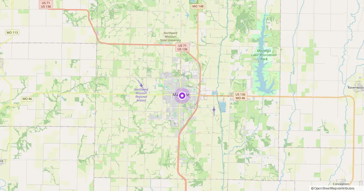 Map showing Maryville, MO in Nodaway County — part of the 2k Web Developments service area.