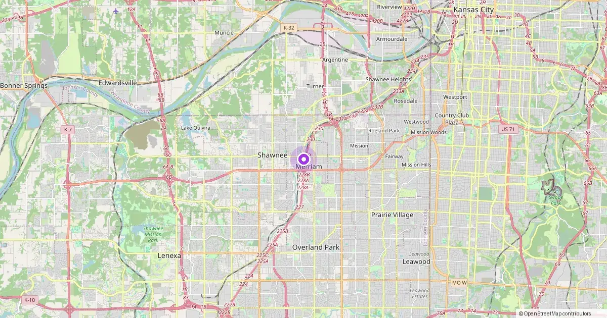 Map showing Merriam, KS in Johnson County — part of the 2k Web Developments service area.