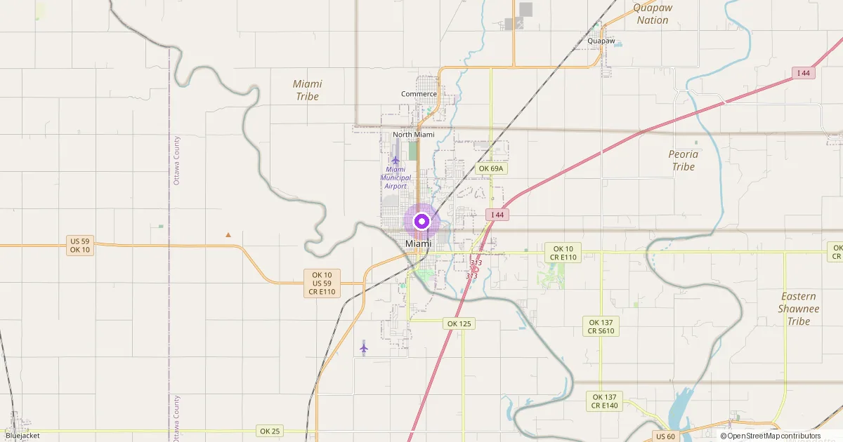 Map showing Miami, OK in Ottawa County — part of the 2k Web Developments service area.
