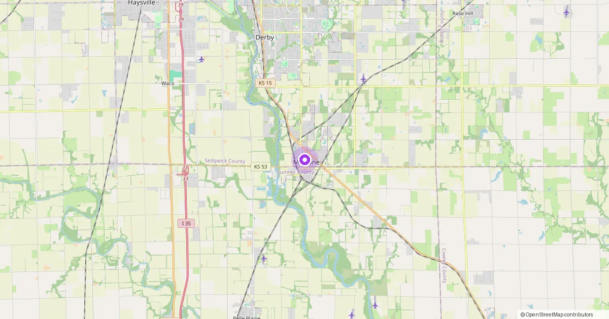 Map showing Mulvane, KS in Sedgwick County — part of the 2k Web Developments service area.
