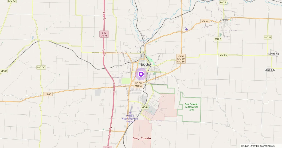 Map showing Neosho, MO in Newton County — part of the 2k Web Developments service area.