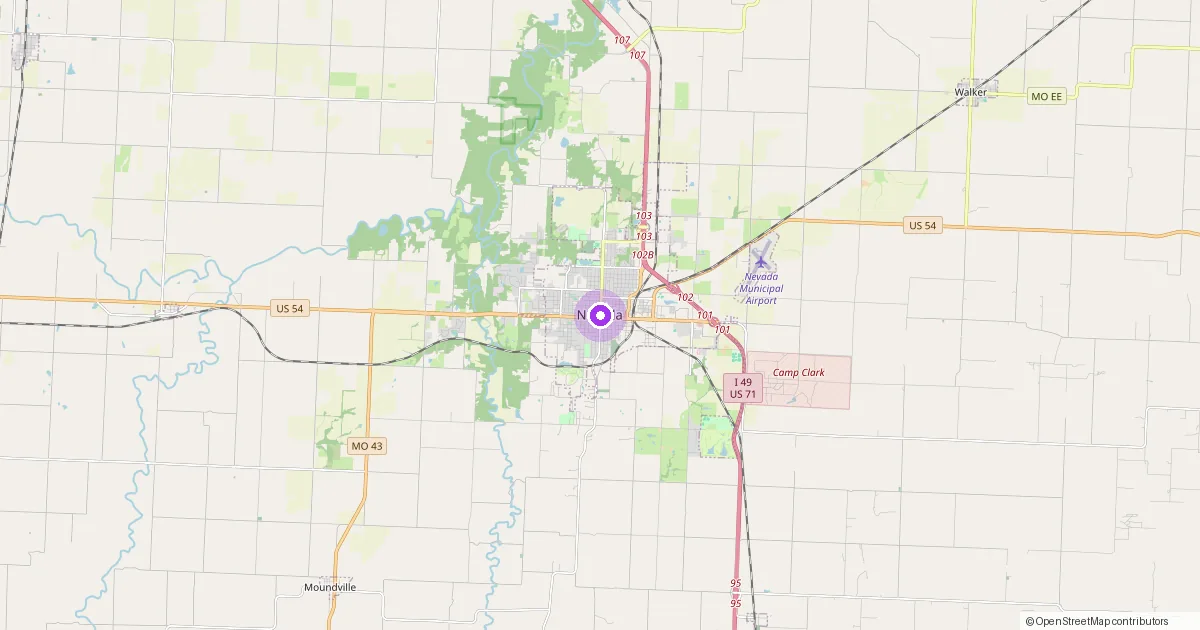Map showing Nevada, MO in Vernon County — part of the 2k Web Developments service area.
