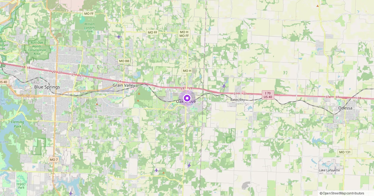 Map showing Oak Grove, MO in Jackson County — part of the 2k Web Developments service area.