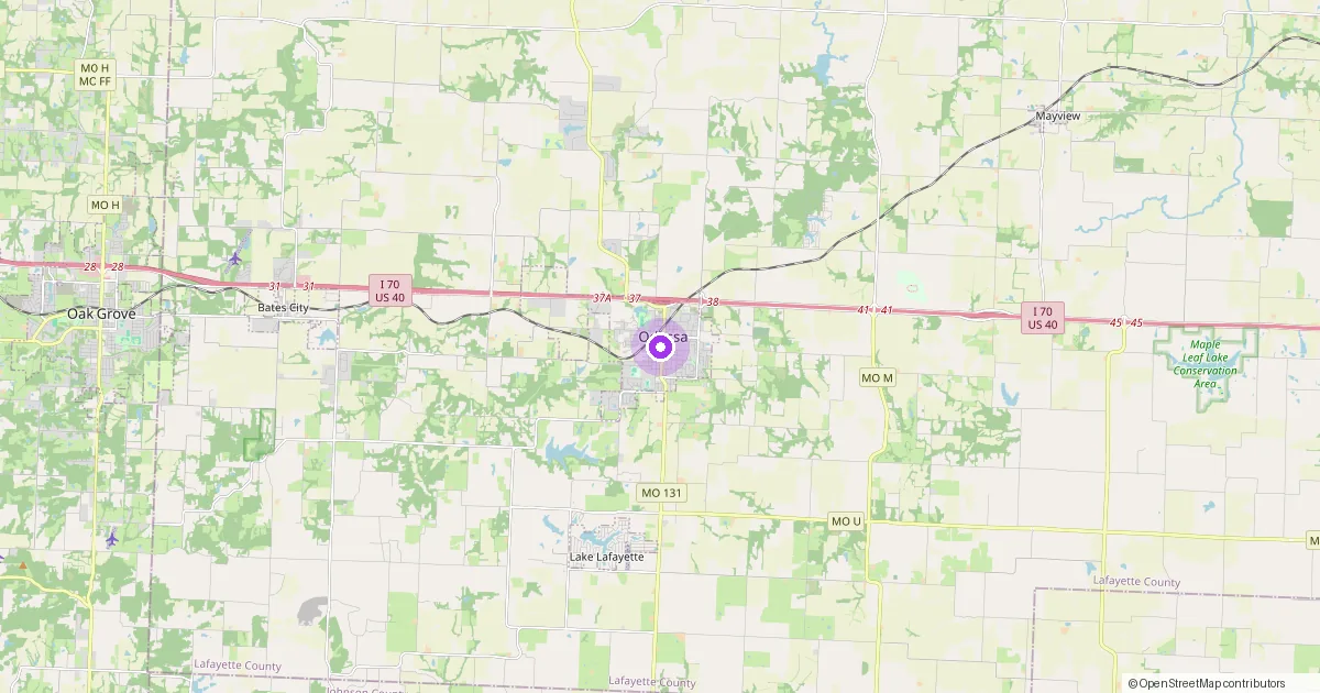 Map showing Odessa, MO in Lafayette County — part of the 2k Web Developments service area.