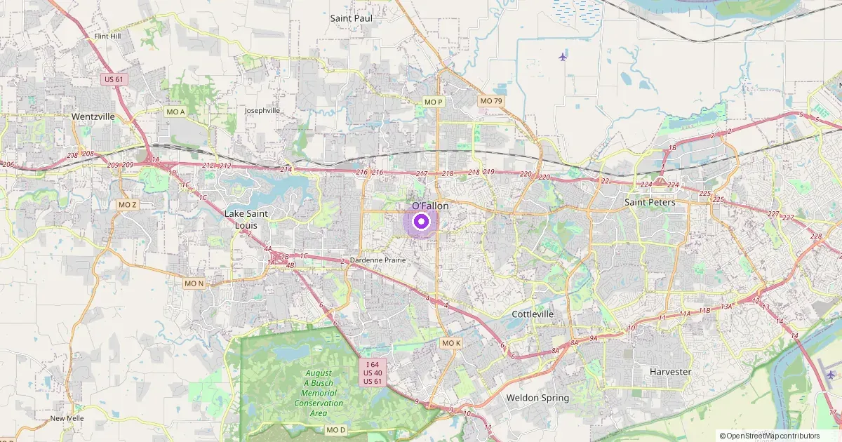 Map showing O'Fallon, MO in St. Charles County — part of the 2k Web Developments service area.