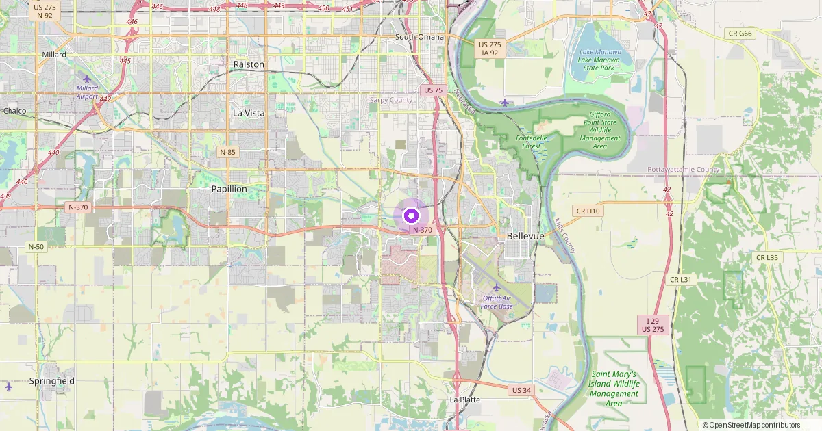 Map showing Offutt AFB, NE in Sarpy County — part of the 2k Web Developments service area.