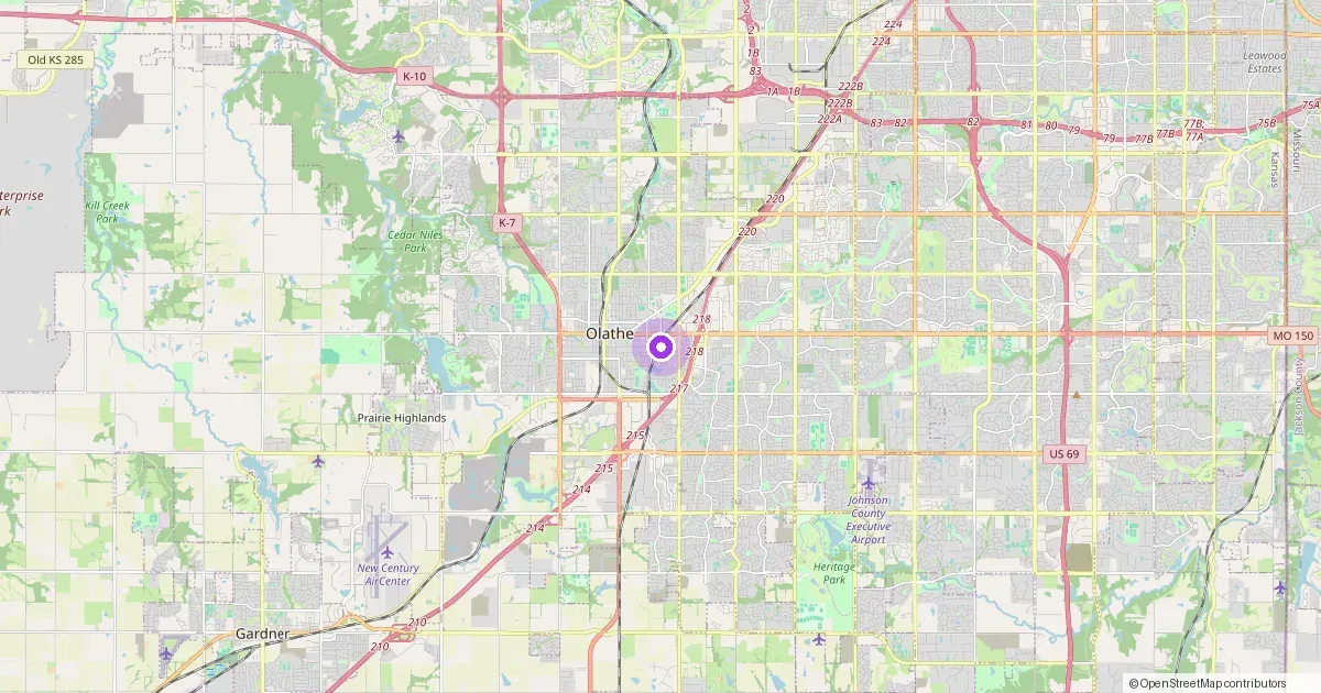 Map showing Olathe, KS in Johnson County — part of the 2k Web Developments service area.