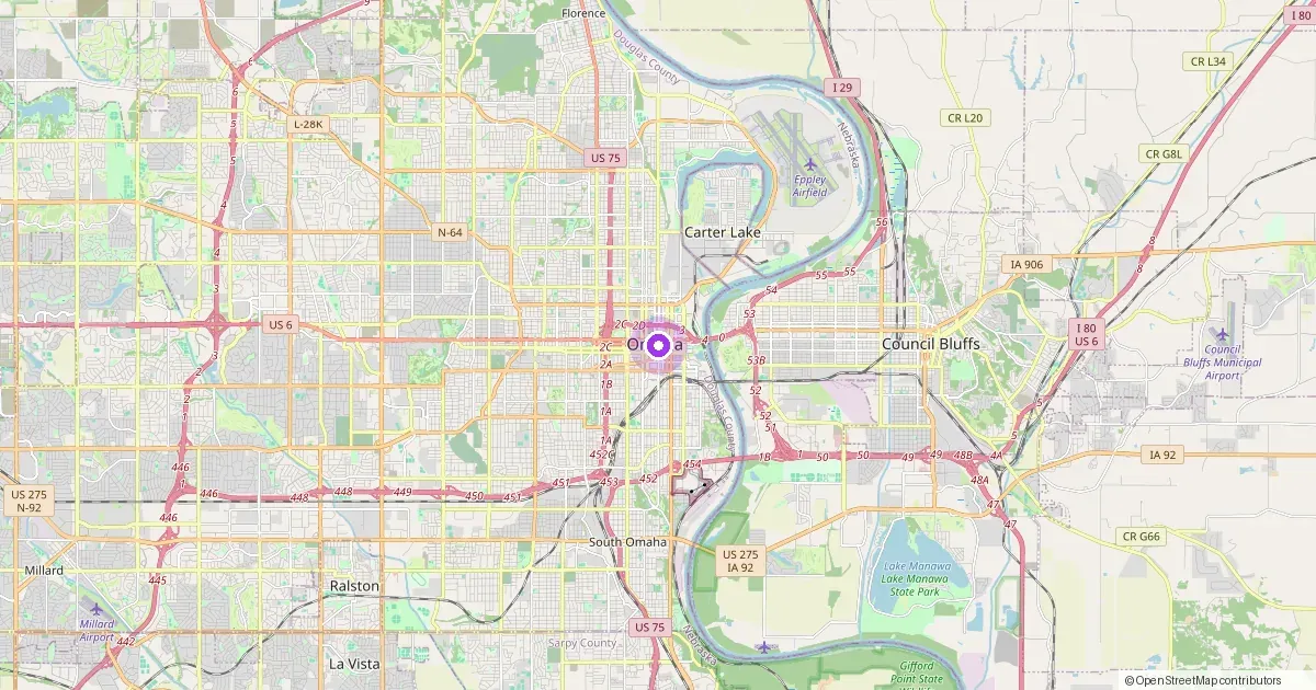 Map showing Omaha, NE in Douglas County — part of the 2k Web Developments service area.