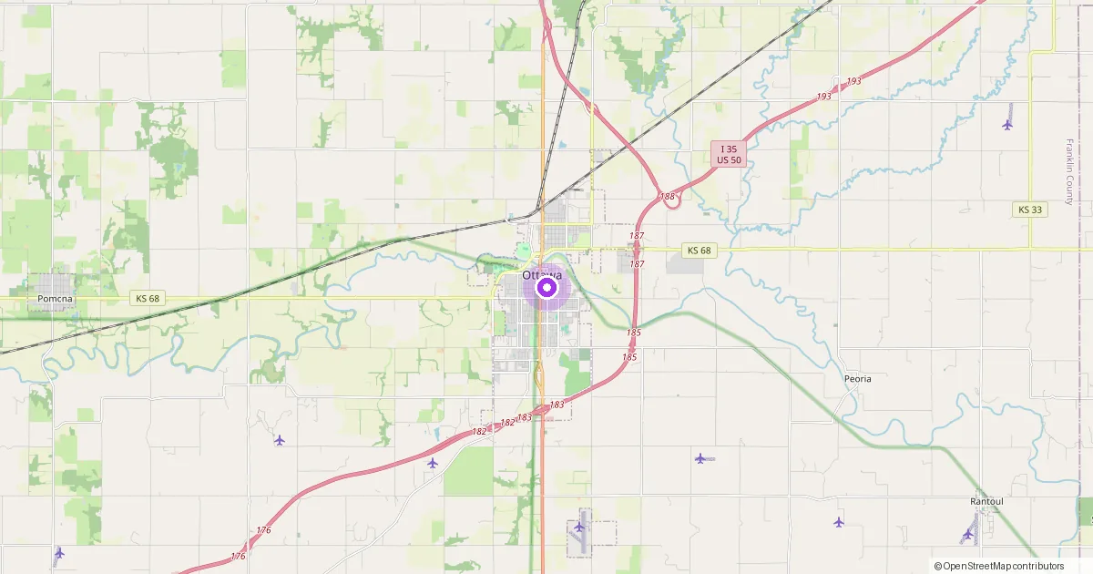 Map showing Ottawa, KS in Franklin County — part of the 2k Web Developments service area.