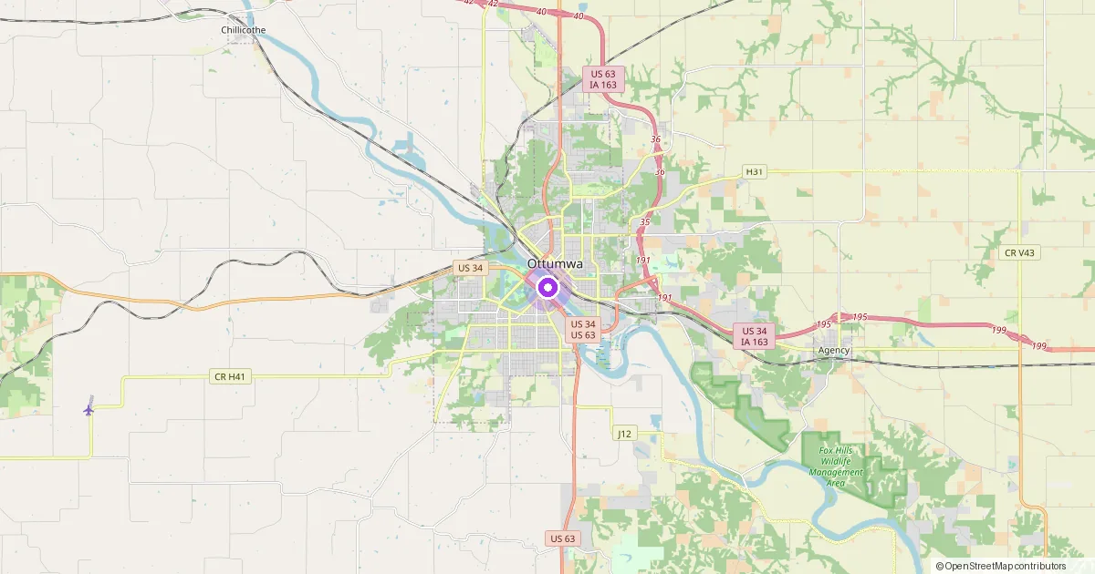 Map showing Ottumwa, IA in Wapello County — part of the 2k Web Developments service area.