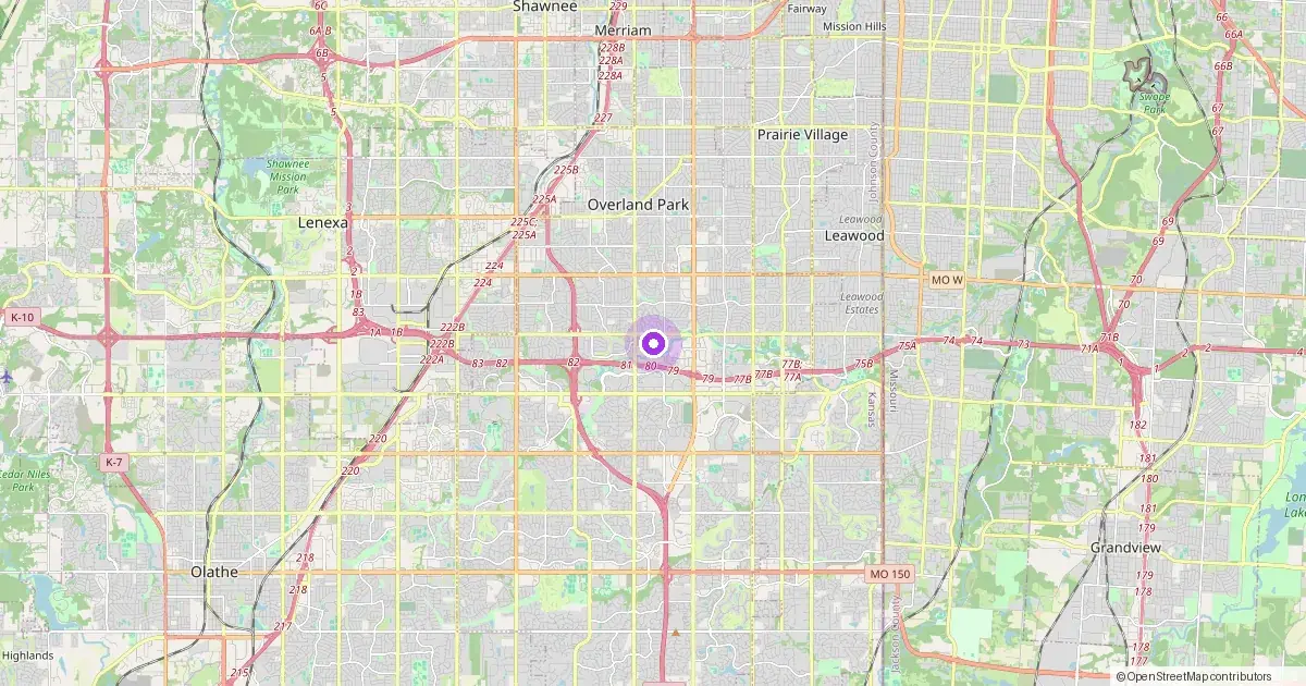 Map showing Overland Park, KS in Johnson County — part of the 2k Web Developments service area.
