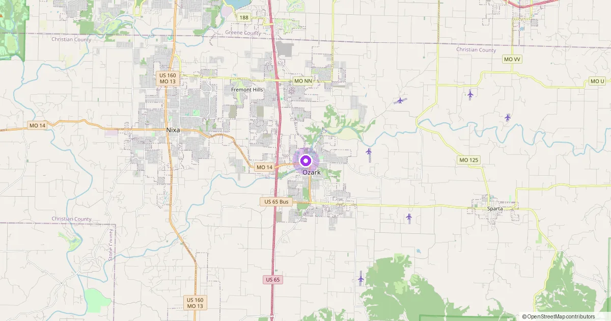 Map showing Ozark, MO in Christian County — part of the 2k Web Developments service area.