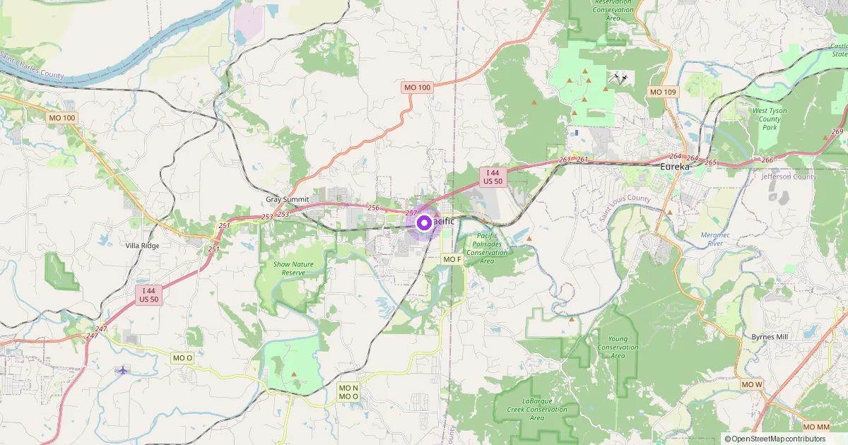 Map showing Pacific, MO in Franklin County — part of the 2k Web Developments service area.
