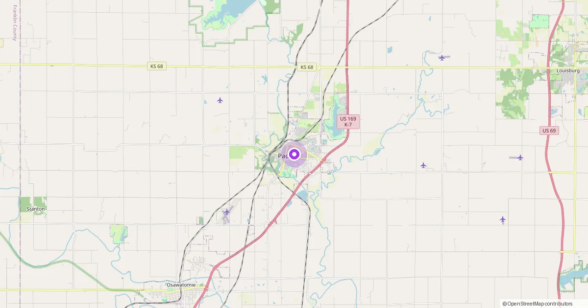 Map showing Paola, KS in Miami County — part of the 2k Web Developments service area.
