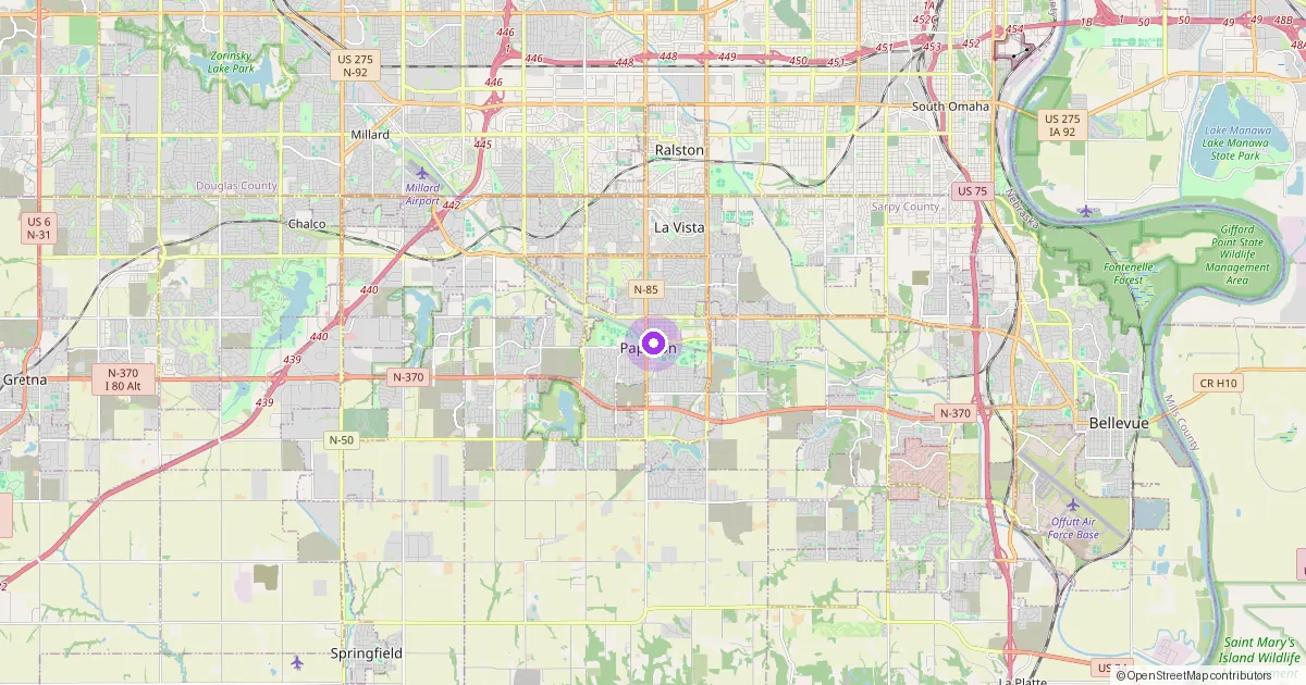 Map showing Papillion, NE in Sarpy County — part of the 2k Web Developments service area.