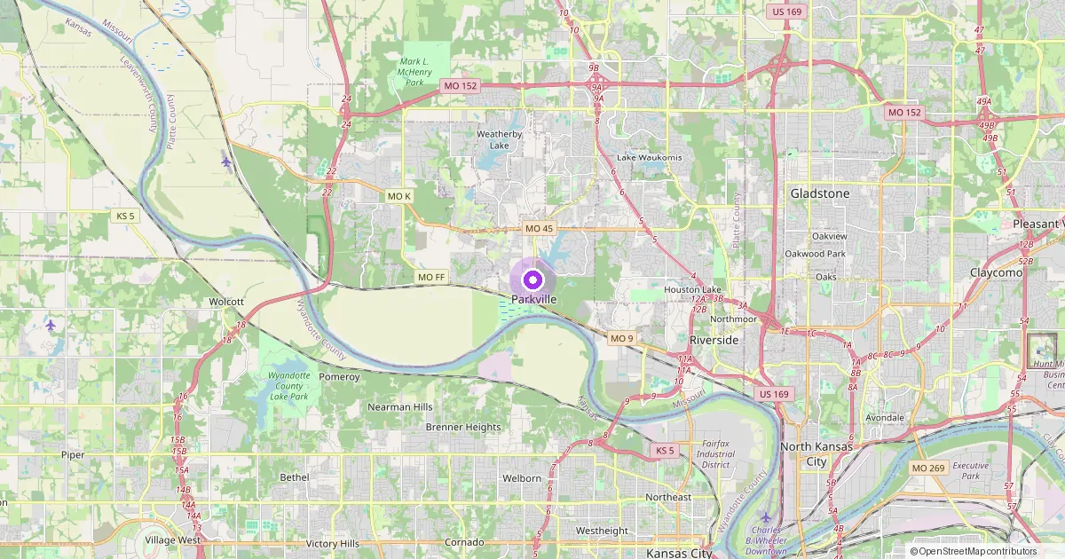 Map showing Parkville, MO in Platte County — part of the 2k Web Developments service area.