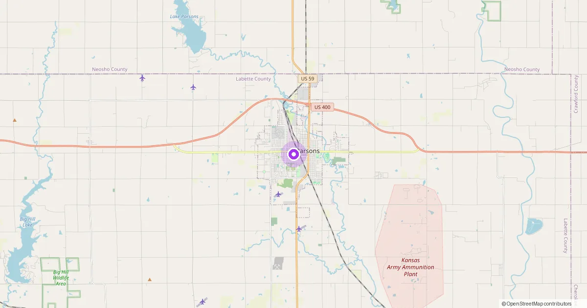Map showing Parsons, KS in Labette County — part of the 2k Web Developments service area.