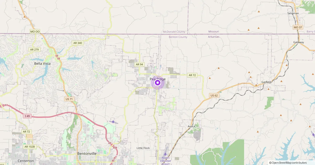 Map showing Pea Ridge, AR in Benton County — part of the 2k Web Developments service area.