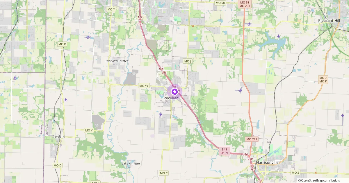 Map showing Peculiar, MO in Cass County — part of the 2k Web Developments service area.