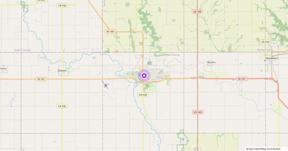 Map showing Perry, IA in Dallas County — part of the 2k Web Developments service area.