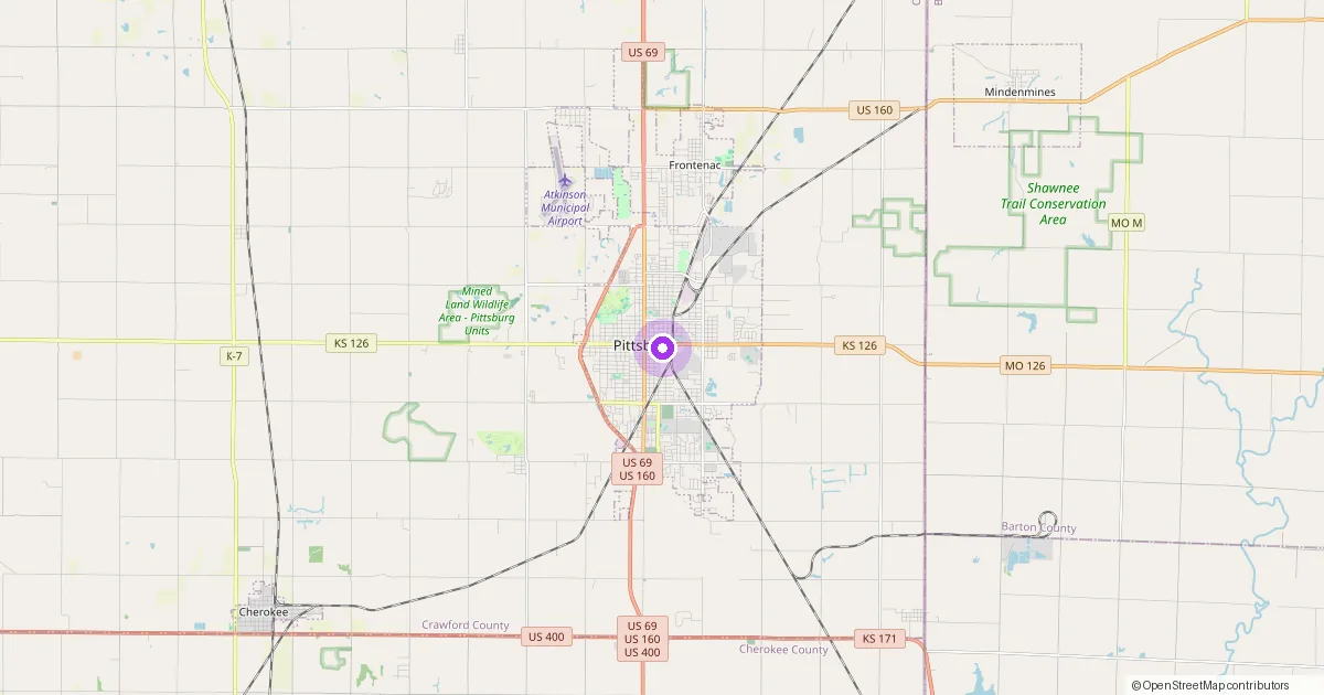 Map showing Pittsburg, KS in Crawford County — part of the 2k Web Developments service area.