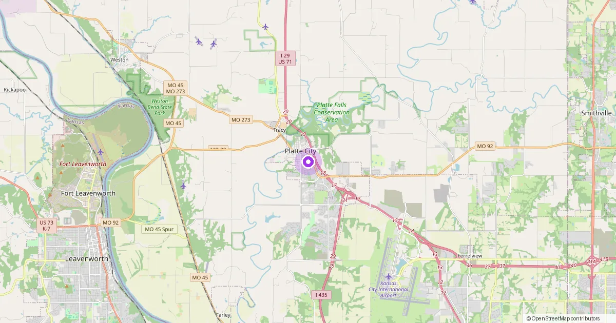 Map showing Platte City, MO in Platte County — part of the 2k Web Developments service area.