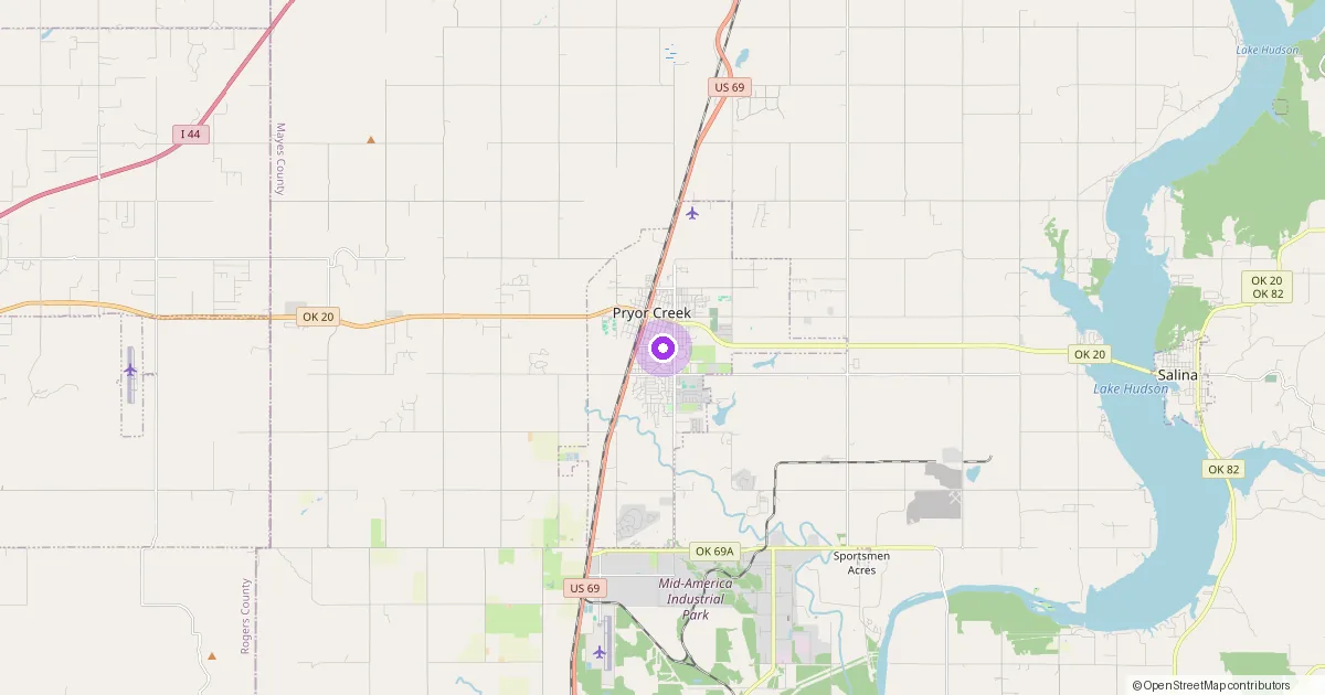 Map showing Pryor Creek, OK in Mayes County — part of the 2k Web Developments service area.