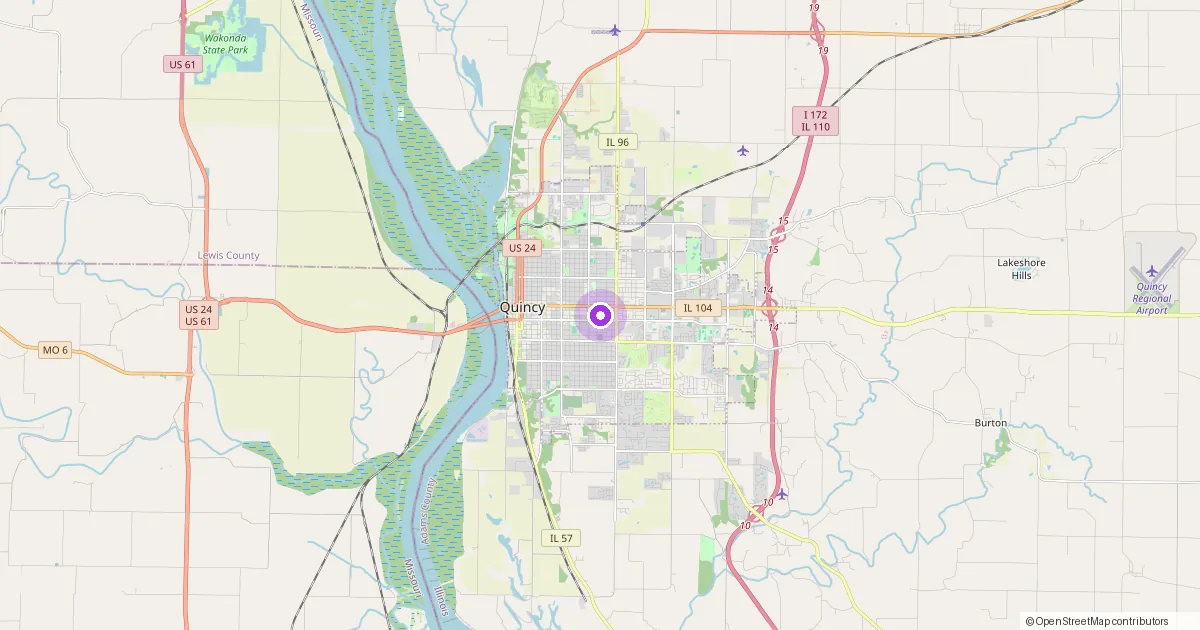 Map showing Quincy, IL in Adams County — part of the 2k Web Developments service area.