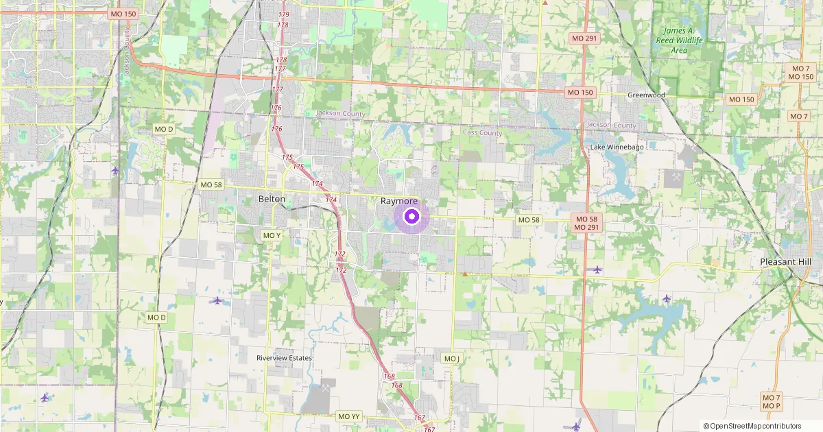 Map showing Raymore, MO in Cass County — part of the 2k Web Developments service area.