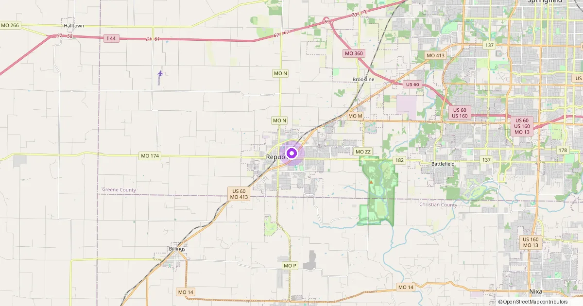 Map showing Republic, MO in Greene County — part of the 2k Web Developments service area.