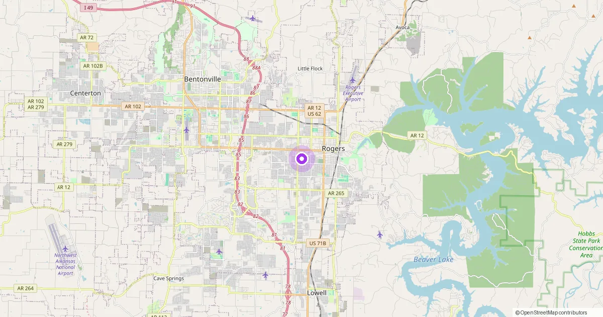 Map showing Rogers, AR in Benton County — part of the 2k Web Developments service area.