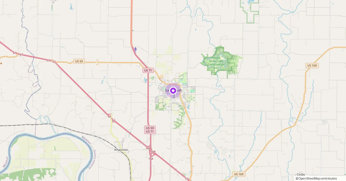 Map showing Savannah, MO in Andrew County — part of the 2k Web Developments service area.