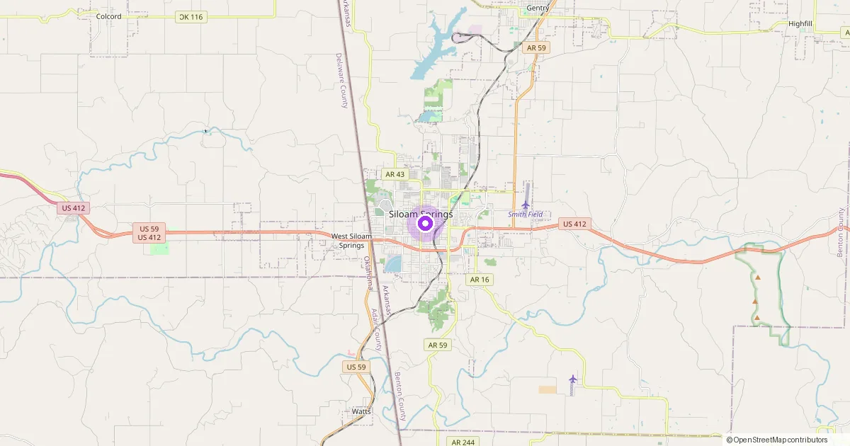 Map showing Siloam Springs, AR in Benton County — part of the 2k Web Developments service area.
