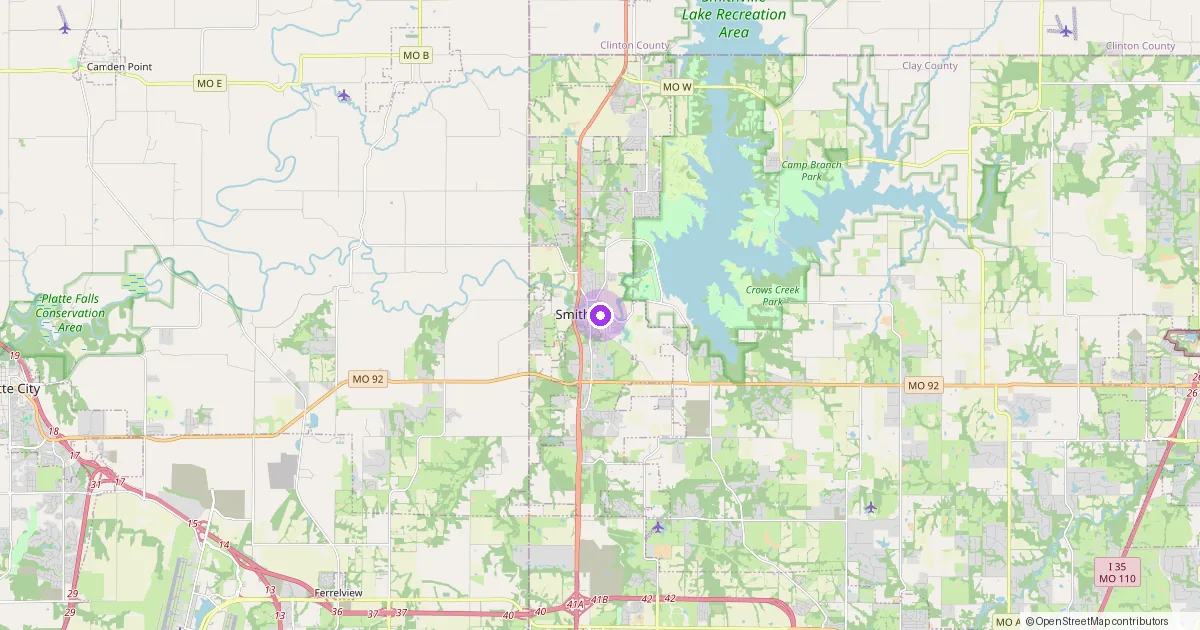 Map showing Smithville, MO in Clay County — part of the 2k Web Developments service area.
