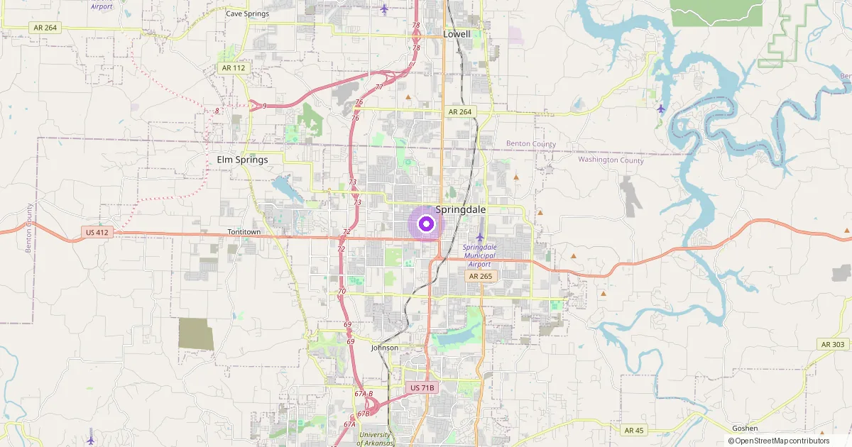 Map showing Springdale, AR in Washington County — part of the 2k Web Developments service area.