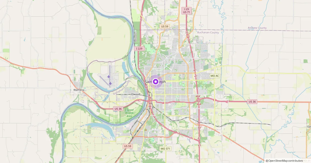 Map showing St. Joseph, MO in Buchanan County — part of the 2k Web Developments service area.