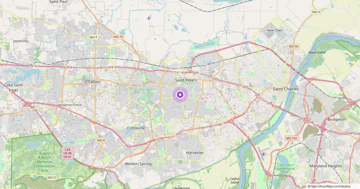Map showing St. Peters, MO in St. Charles County — part of the 2k Web Developments service area.