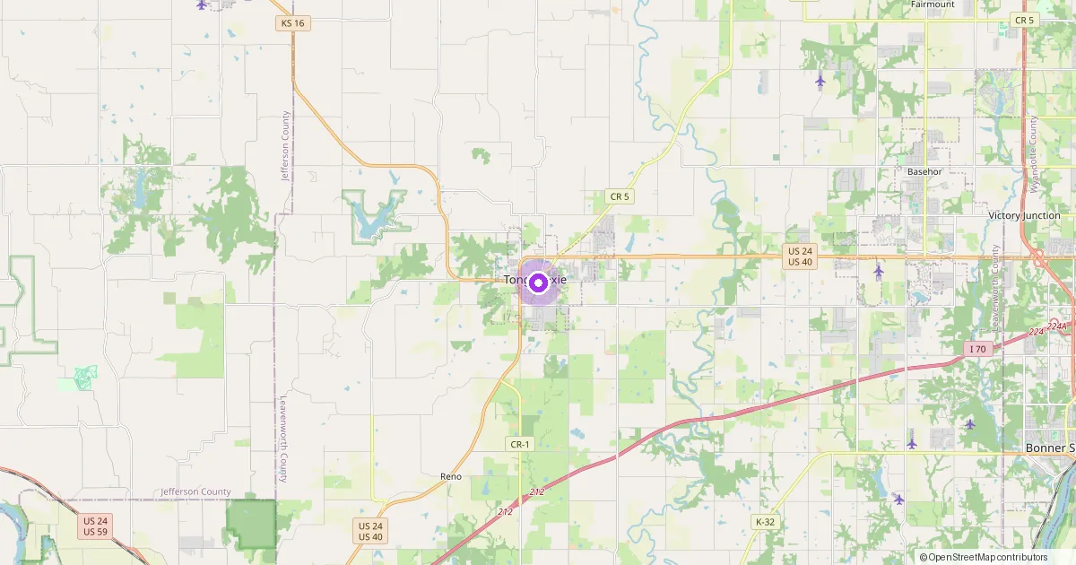 Map showing Tonganoxie, KS in Leavenworth County — part of the 2k Web Developments service area.
