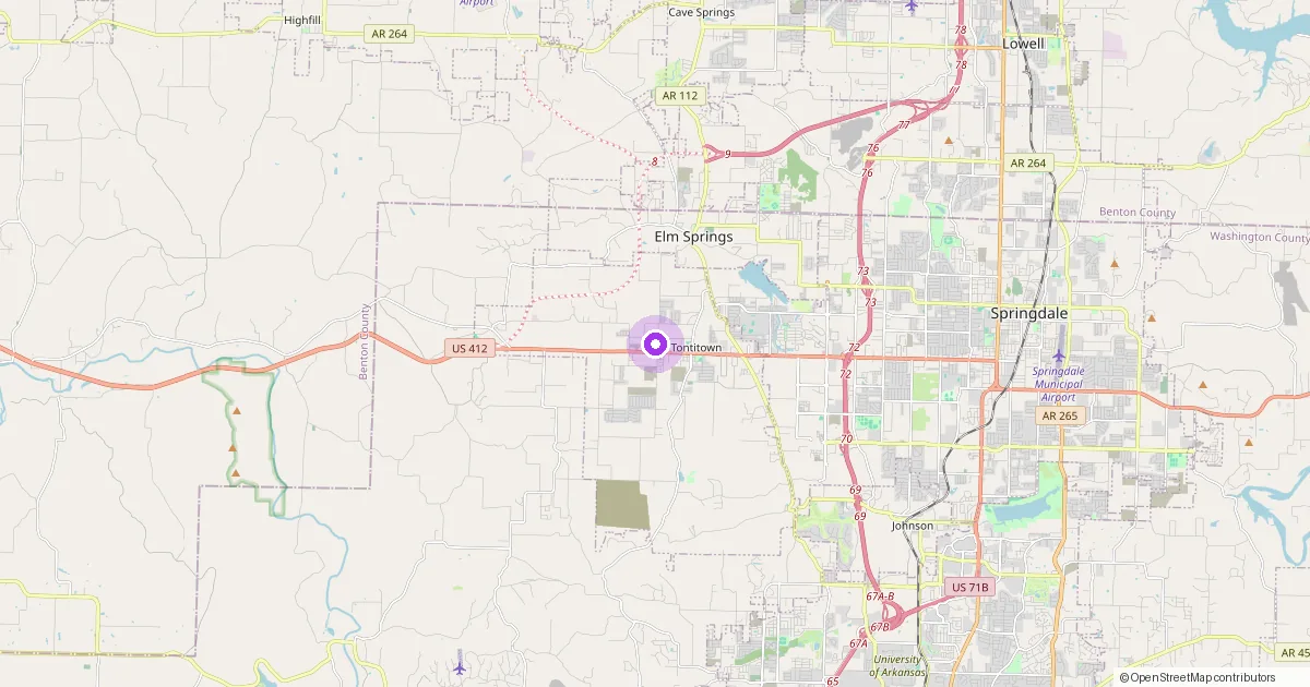 Map showing Tontitown, AR in Washington County — part of the 2k Web Developments service area.