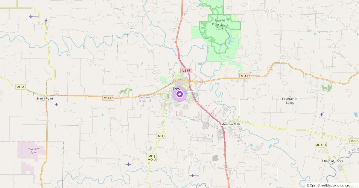 Map showing Troy, MO in Lincoln County — part of the 2k Web Developments service area.