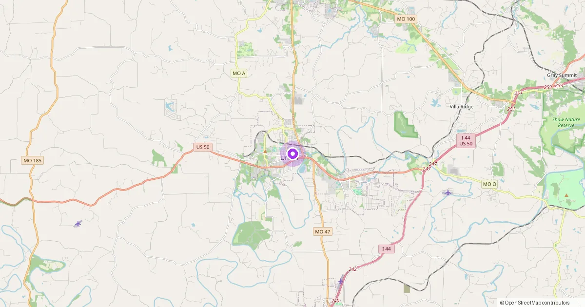 Map showing Union, MO in Franklin County — part of the 2k Web Developments service area.