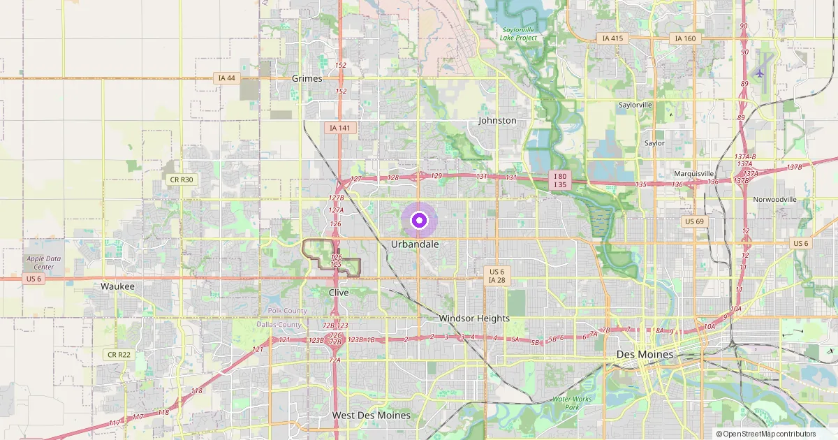 Map showing Urbandale, IA in Polk County — part of the 2k Web Developments service area.