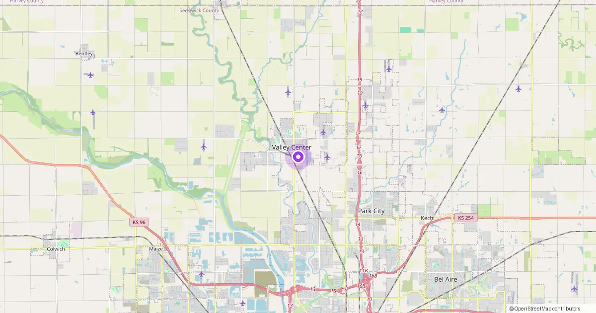 Map showing Valley Center, KS in Sedgwick County — part of the 2k Web Developments service area.