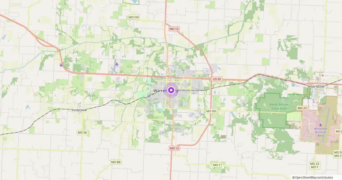 Map showing Warrensburg, MO in Johnson County — part of the 2k Web Developments service area.